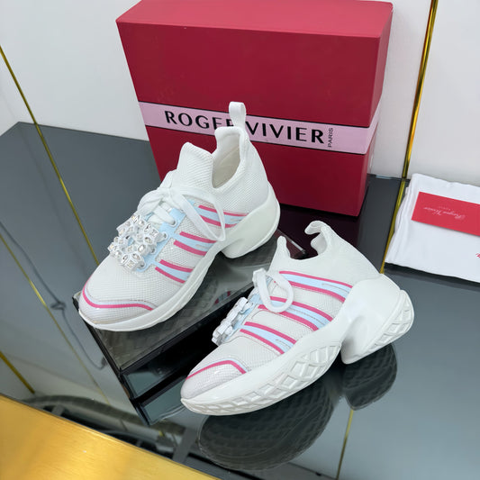 VIV' RUN SNEAKERS IN WHITE TECHNICAL FABRIC WITH PINK AND LIGHT BLUE CALFSKIN - 35