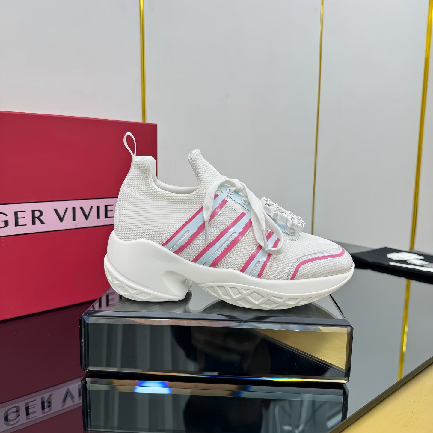 VIV' RUN SNEAKERS IN WHITE TECHNICAL FABRIC WITH PINK AND LIGHT BLUE CALFSKIN - 35