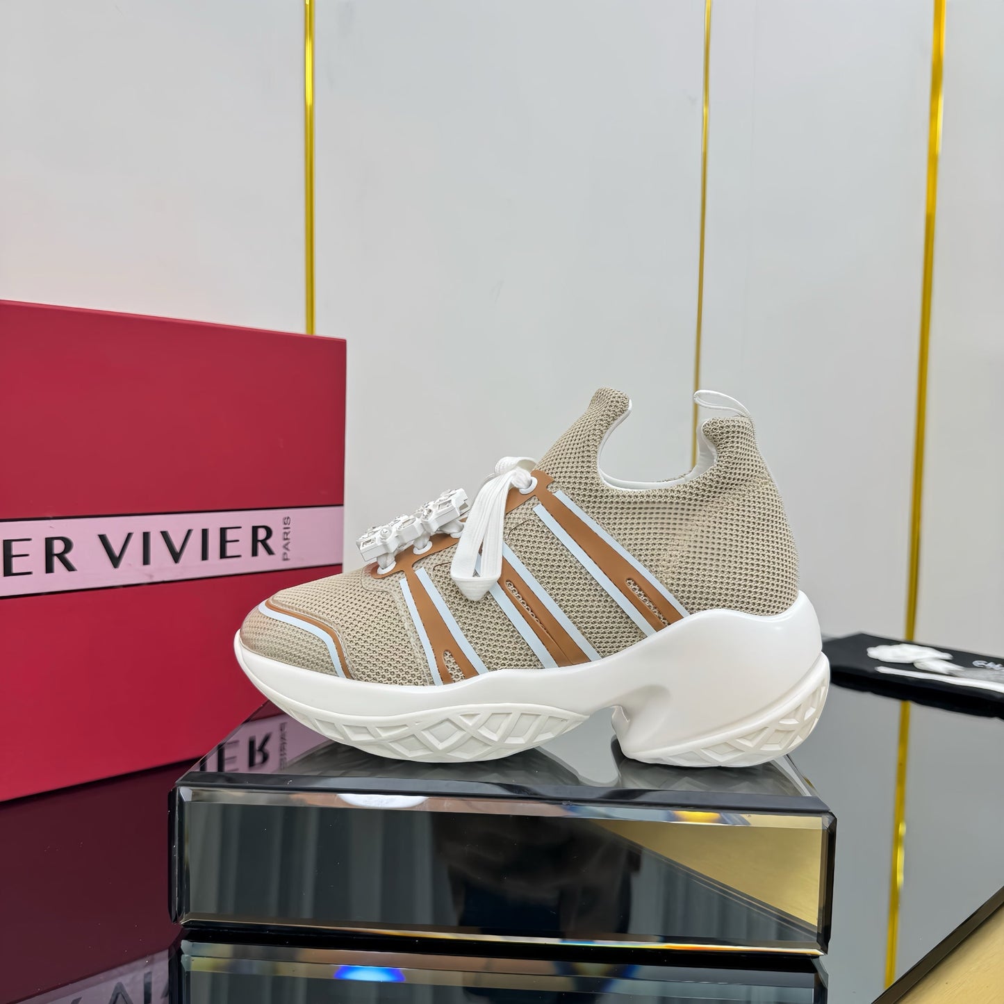 VIV' RUN SNEAKERS IN BEIGE TECHNICAL FABRIC WITH BROWN AND WHITE CALFSKIN - 35