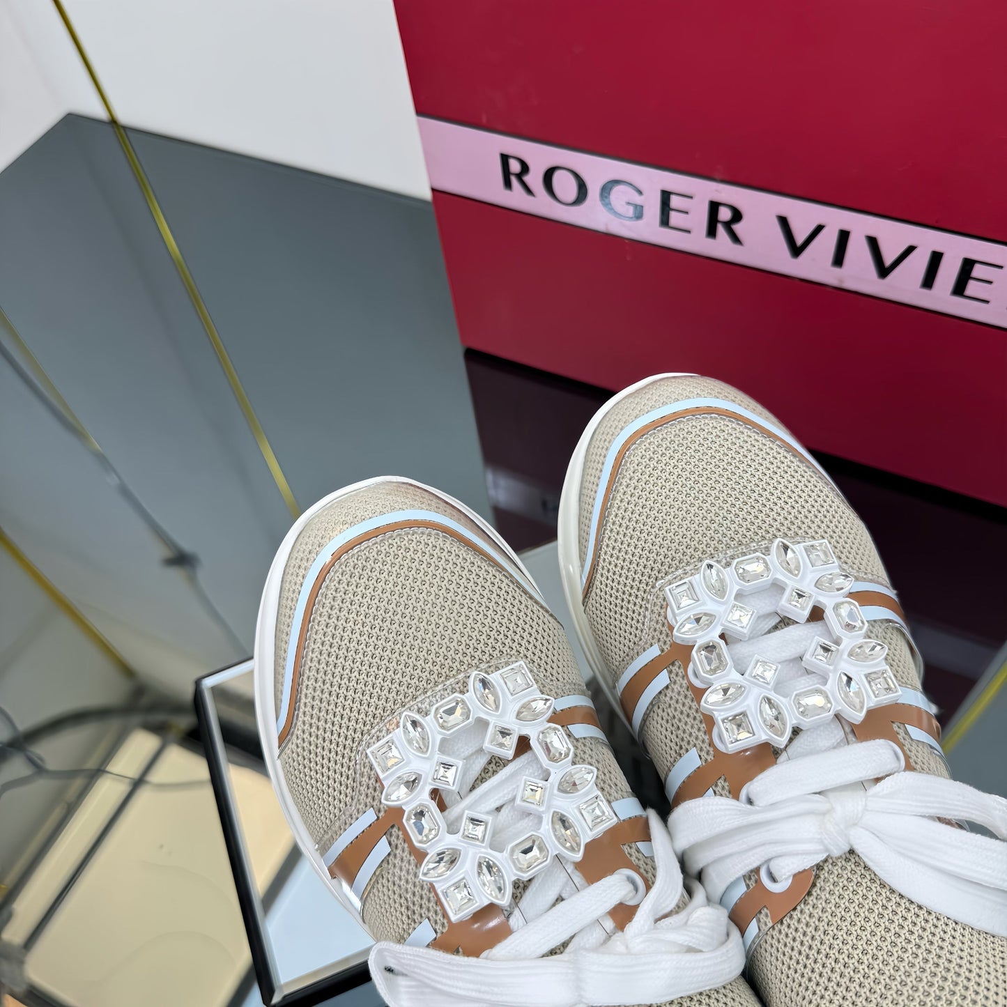 VIV' RUN SNEAKERS IN BEIGE TECHNICAL FABRIC WITH BROWN AND WHITE CALFSKIN - 35