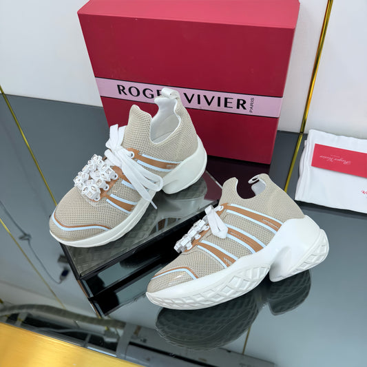 VIV' RUN SNEAKERS IN BEIGE TECHNICAL FABRIC WITH BROWN AND WHITE CALFSKIN - 35
