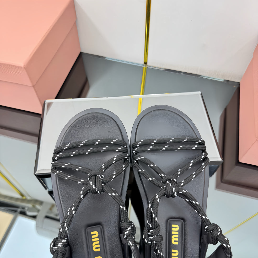 RIVIERE SANDALS IN BLACK CALFSKIN AND BLACK CORD - 35
