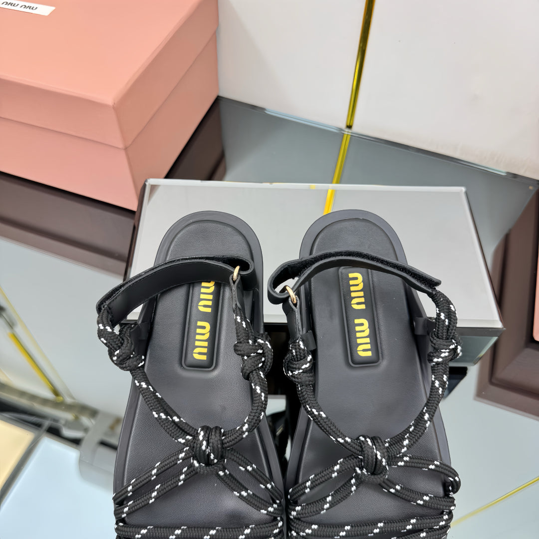 RIVIERE SANDALS IN BLACK CALFSKIN AND BLACK CORD - 35