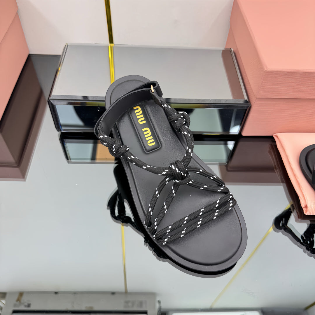 RIVIERE SANDALS IN BLACK CALFSKIN AND BLACK CORD - 35