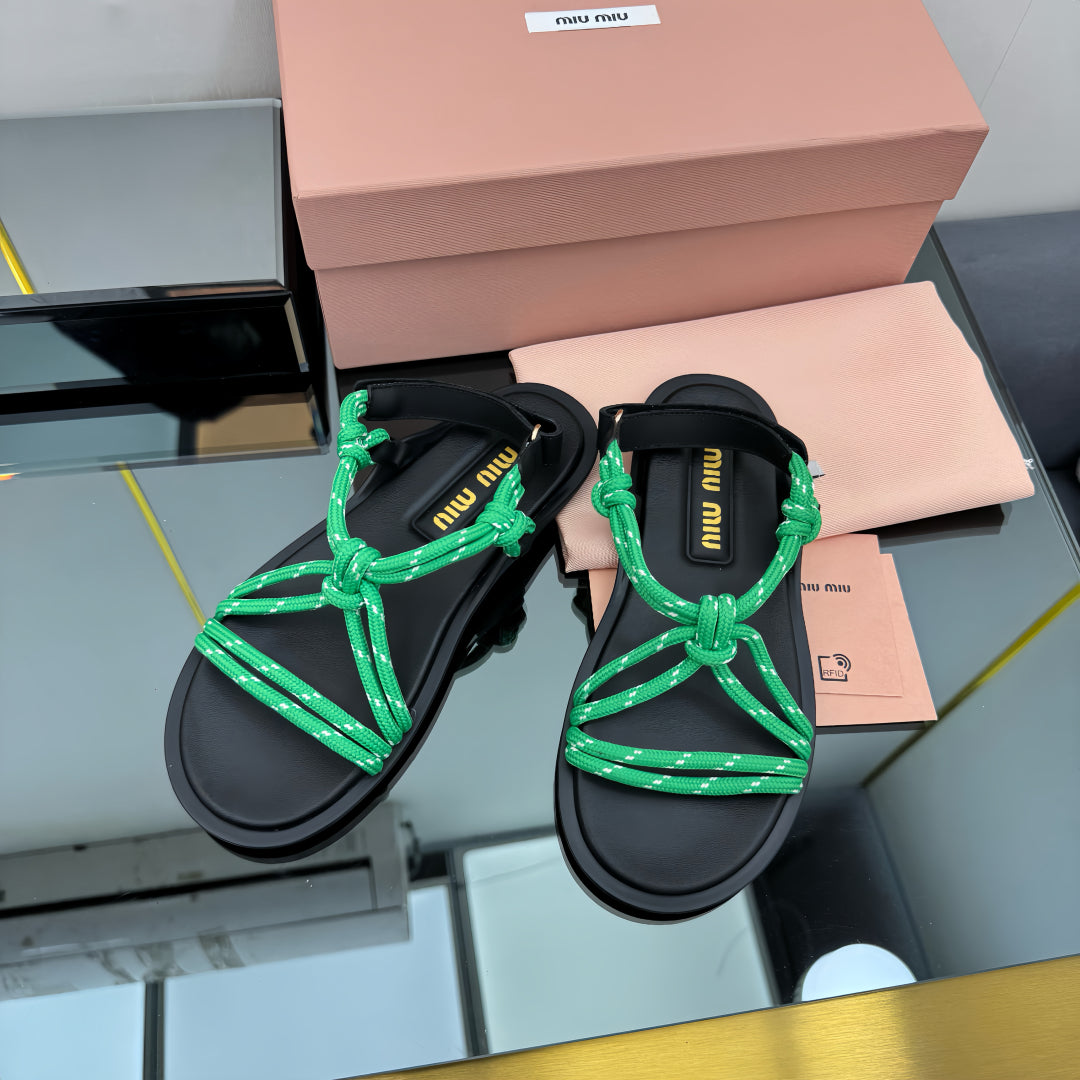 RIVIERE SANDALS IN BLACK CALFSKIN GREEN CORD - 35