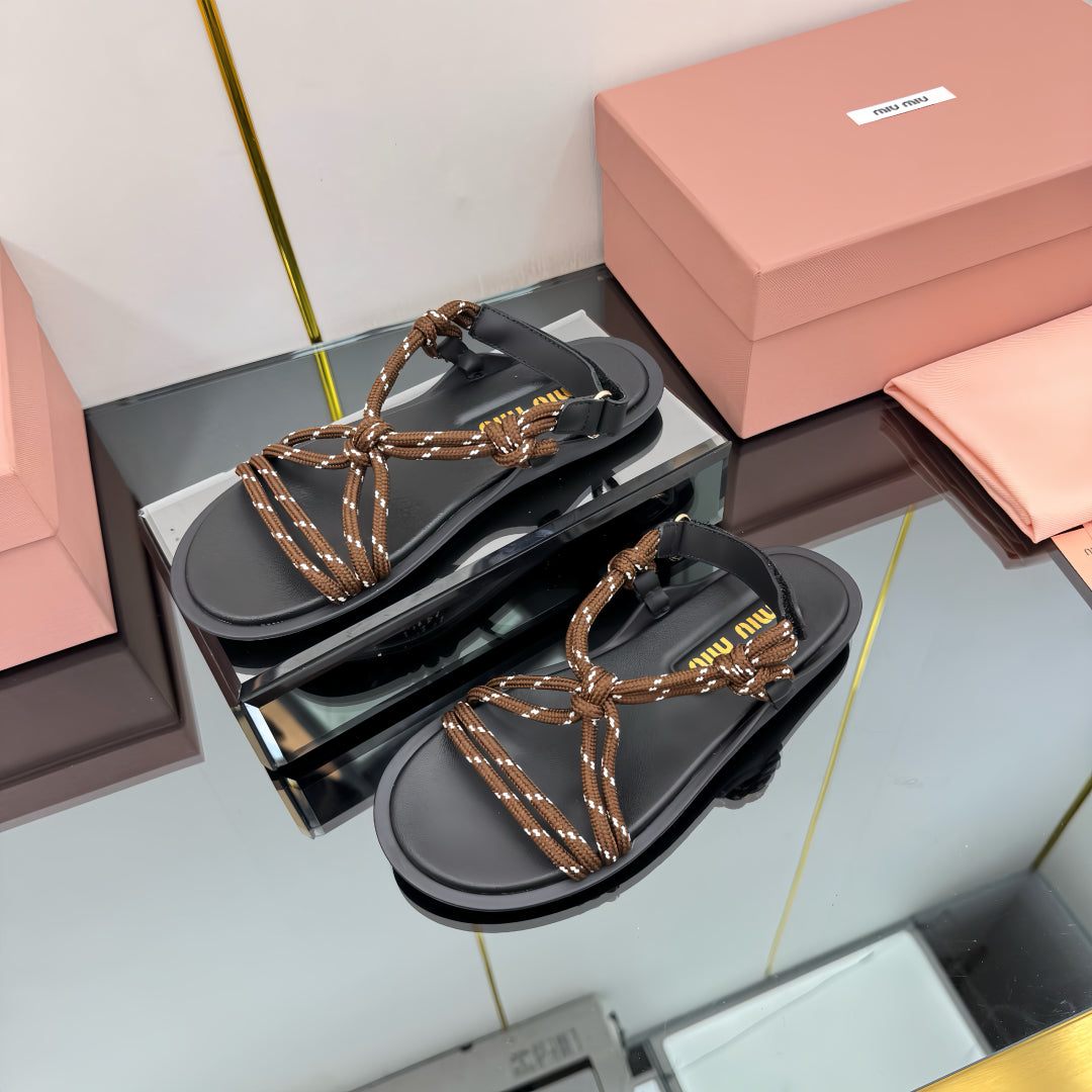 RIVIERE SANDALS IN BLACK CALFSKIN BROWN CORD - 35