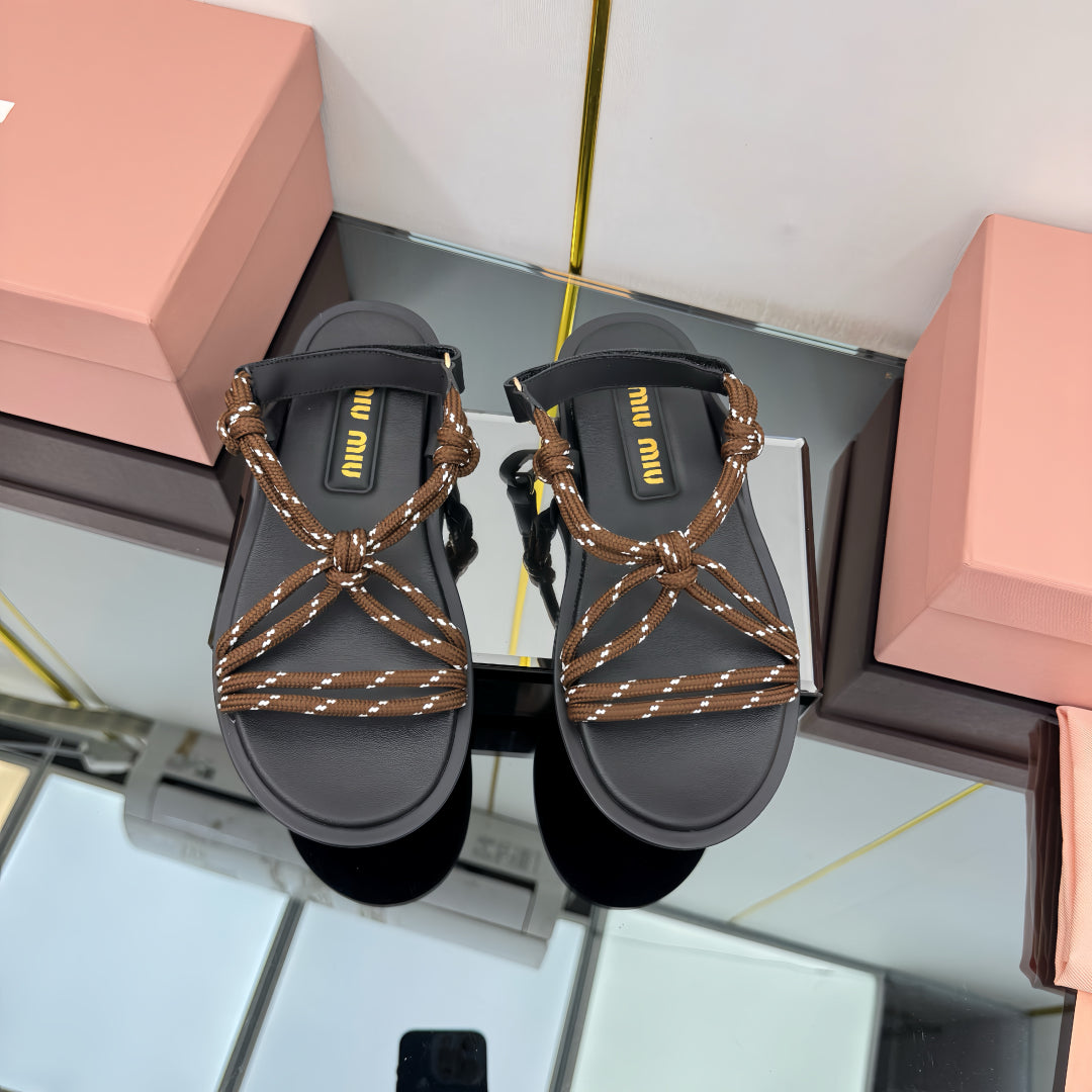 RIVIERE SANDALS IN BLACK CALFSKIN BROWN CORD - 35