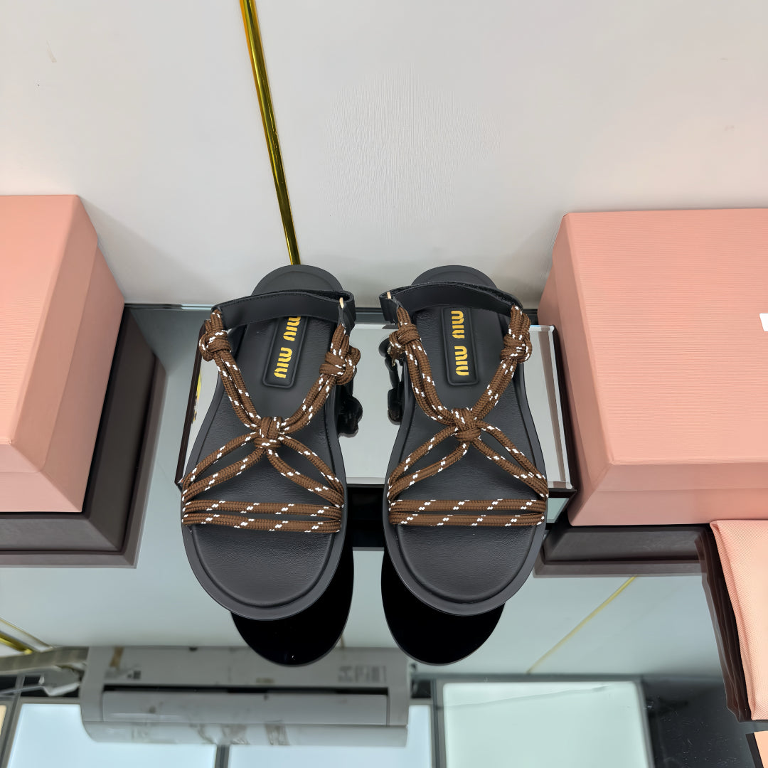 RIVIERE SANDALS IN BLACK CALFSKIN BROWN CORD - 35