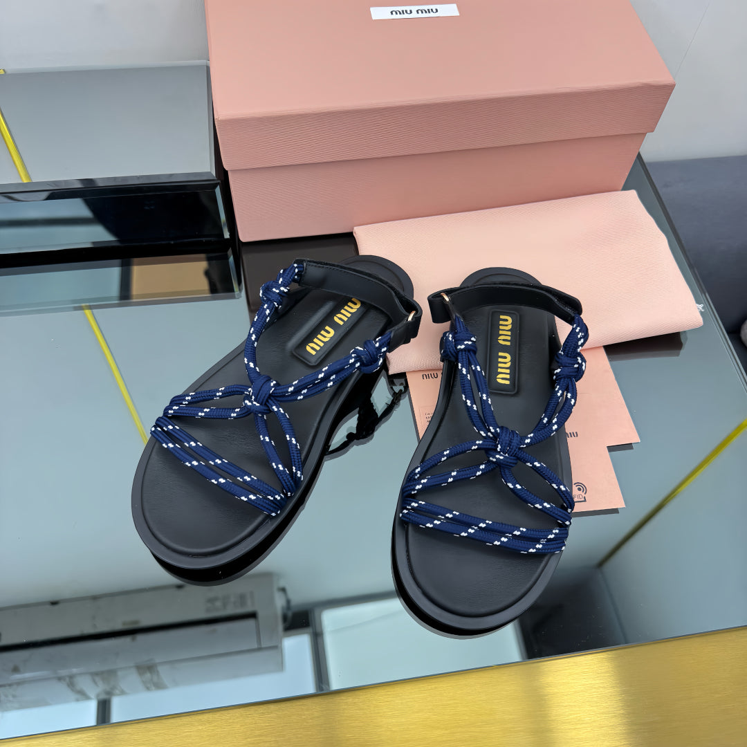 RIVIERE SANDALS IN BLACK CALFSKIN DARK BLUE CORD - 35