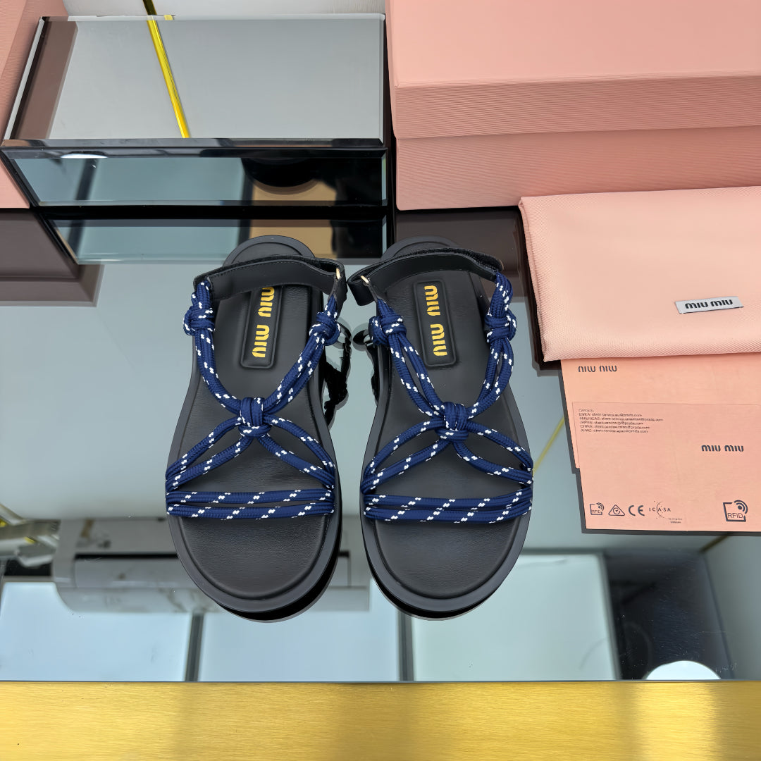 RIVIERE SANDALS IN BLACK CALFSKIN DARK BLUE CORD - 35