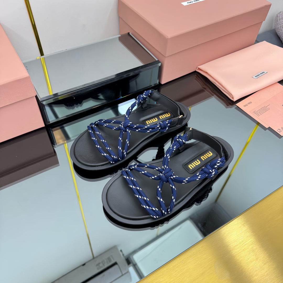 RIVIERE SANDALS IN BLACK CALFSKIN DARK BLUE CORD - 35