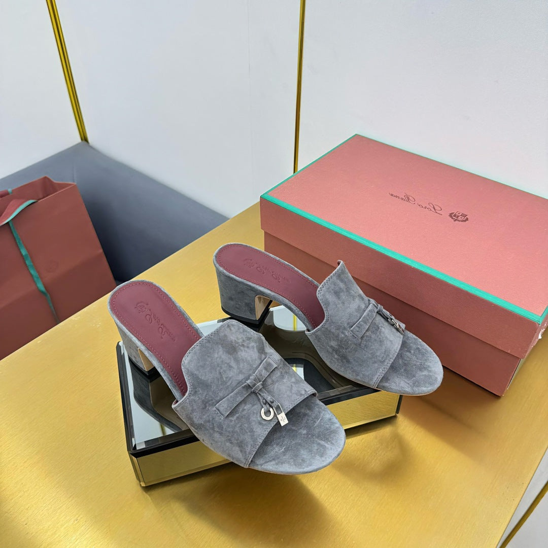 LP BLOCK HEEL SANDALS 25S IN DARK GRAY SUEDE - 33