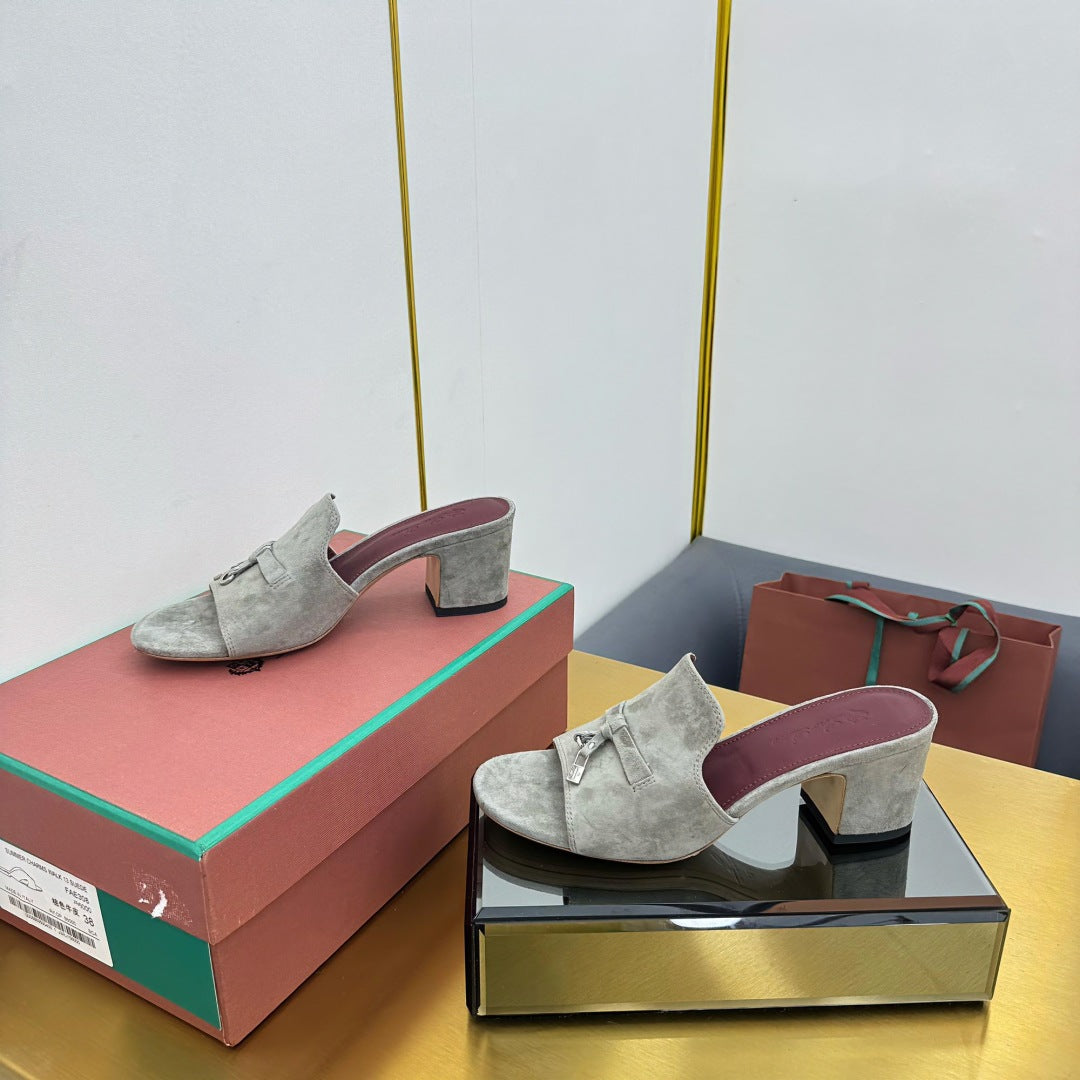 LP BLOCK HEEL SANDALS 25S IN MOSS GRAY SUEDE - 33