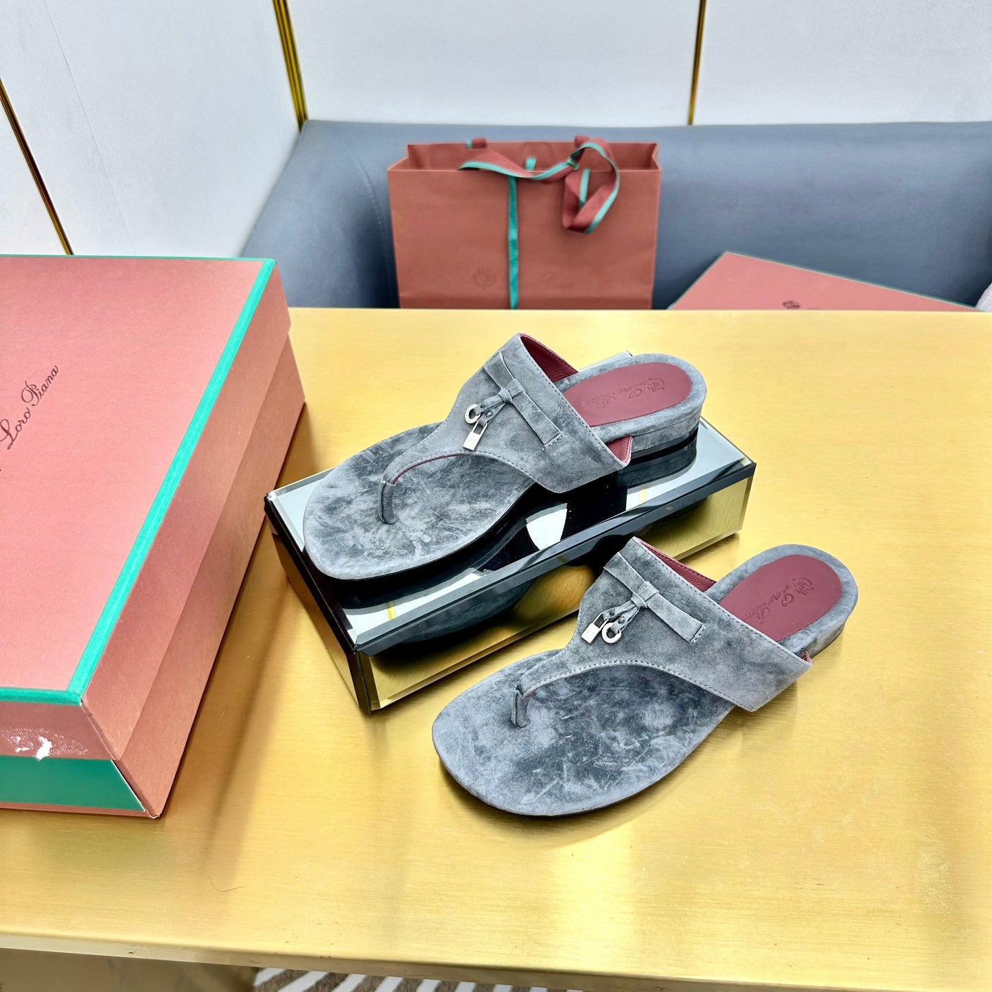 FLIP FLOPS IN DARK GRAY SUEDE AND HARDWARE SILVER - 34