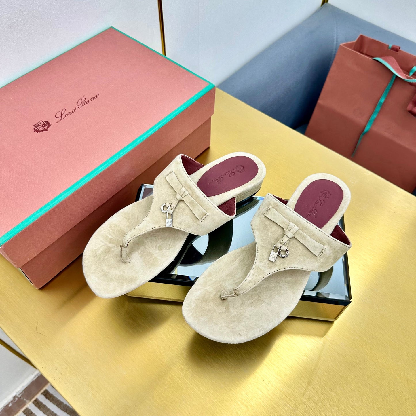 FLIP FLOPS IN BEIGE SUEDE AND HARDWARE SILVER - 34