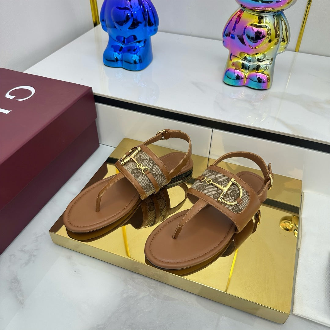 GG FLAT THONG SANDALS WITH ANKLE STRAP IN BROWN LAMBSKIN AND BEIGE FABRIC - 35