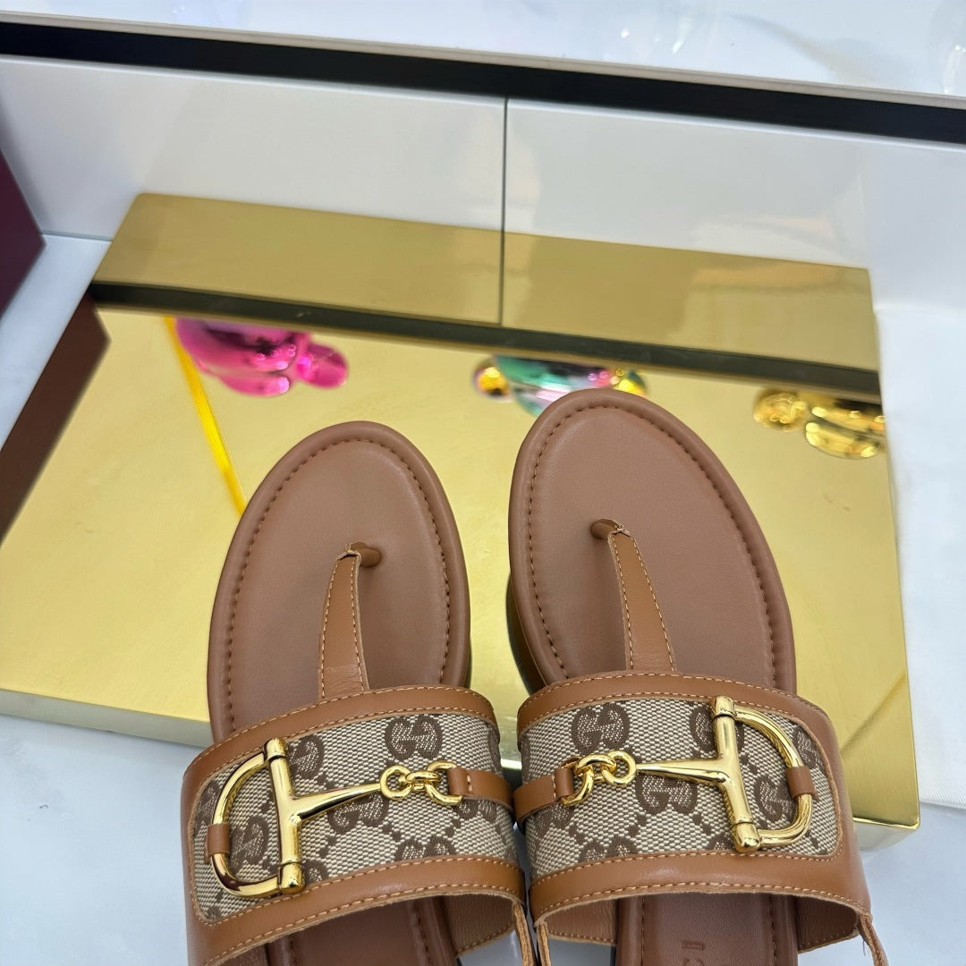 GG FLAT THONG SANDALS WITH ANKLE STRAP IN BROWN LAMBSKIN AND BEIGE FABRIC - 35