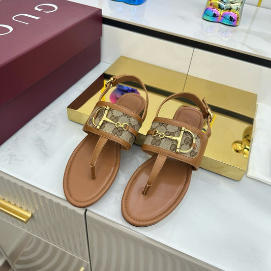 GG FLAT THONG SANDALS WITH ANKLE STRAP IN BROWN LAMBSKIN AND BEIGE FABRIC - 35