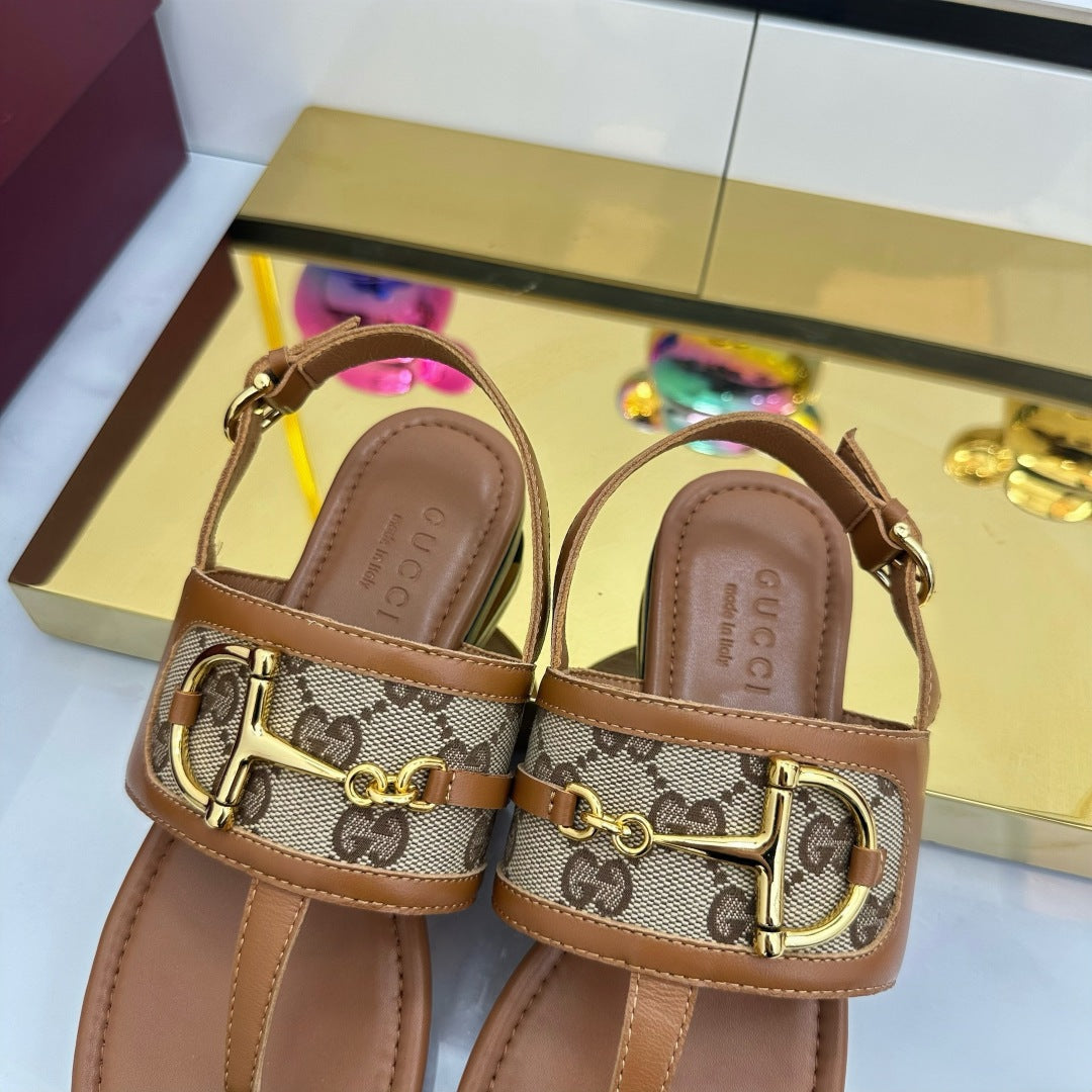 GG FLAT THONG SANDALS WITH ANKLE STRAP IN BROWN LAMBSKIN AND BEIGE FABRIC - 35