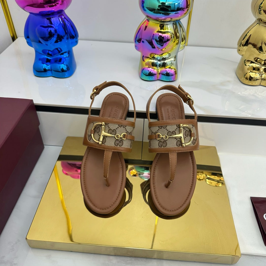 GG FLAT THONG SANDALS WITH ANKLE STRAP IN BROWN LAMBSKIN AND BEIGE FABRIC - 35