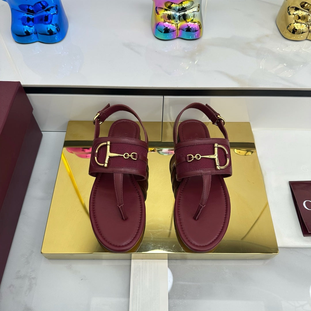 GG FLAT THONG SANDALS WITH ANKLE STRAP IN RED LAMBSKIN AND FABRIC - 35