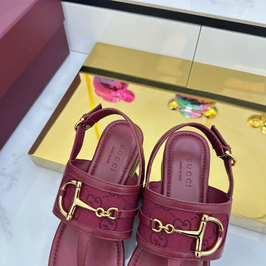 GG FLAT THONG SANDALS WITH ANKLE STRAP IN RED LAMBSKIN AND FABRIC - 35