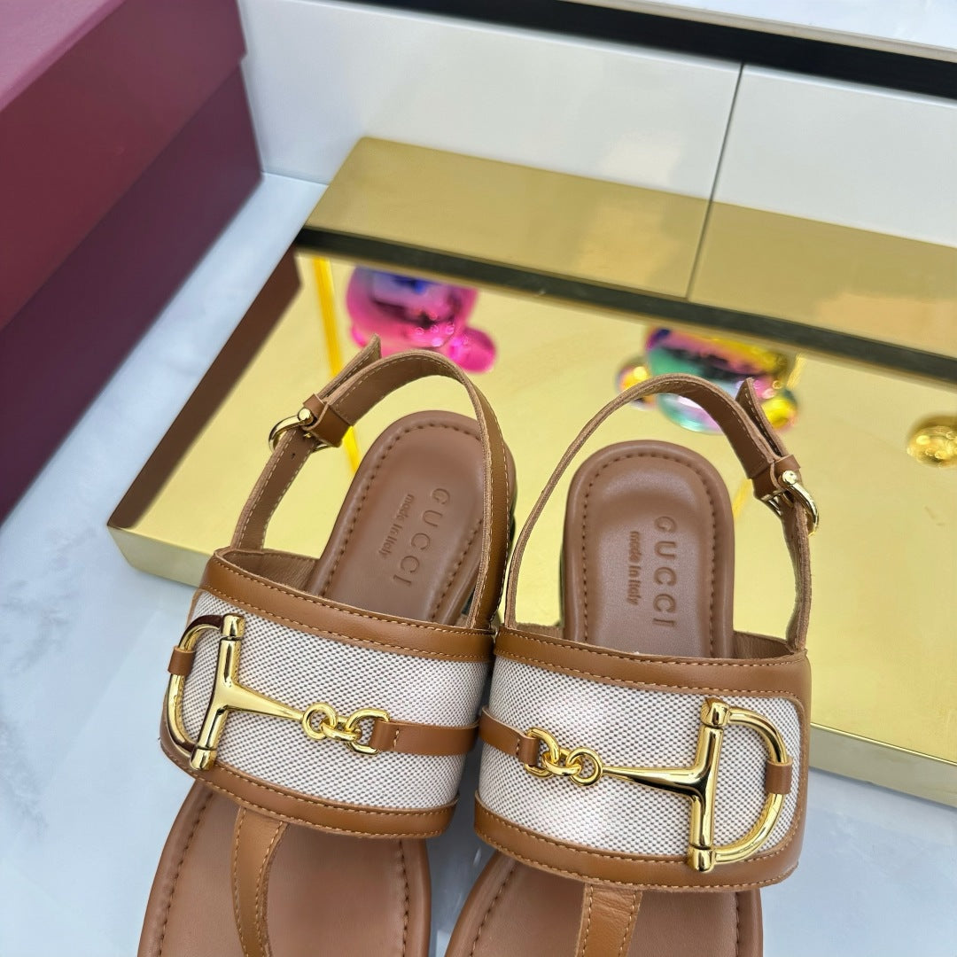 GG FLAT THONG SANDALS WITH ANKLE STRAP IN BROWN LAMBSKIN AND WHITE FABRIC - 35