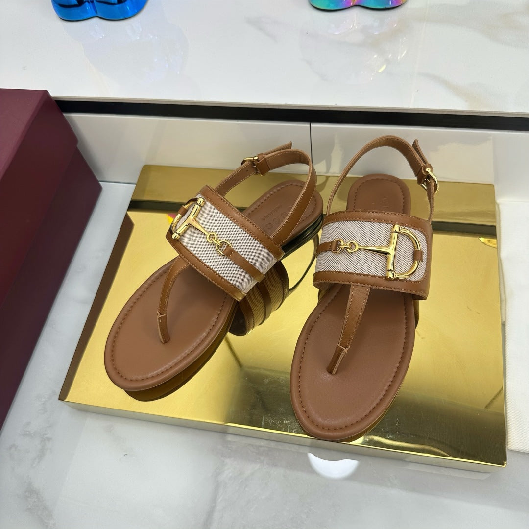 GG FLAT THONG SANDALS WITH ANKLE STRAP IN BROWN LAMBSKIN AND WHITE FABRIC - 35