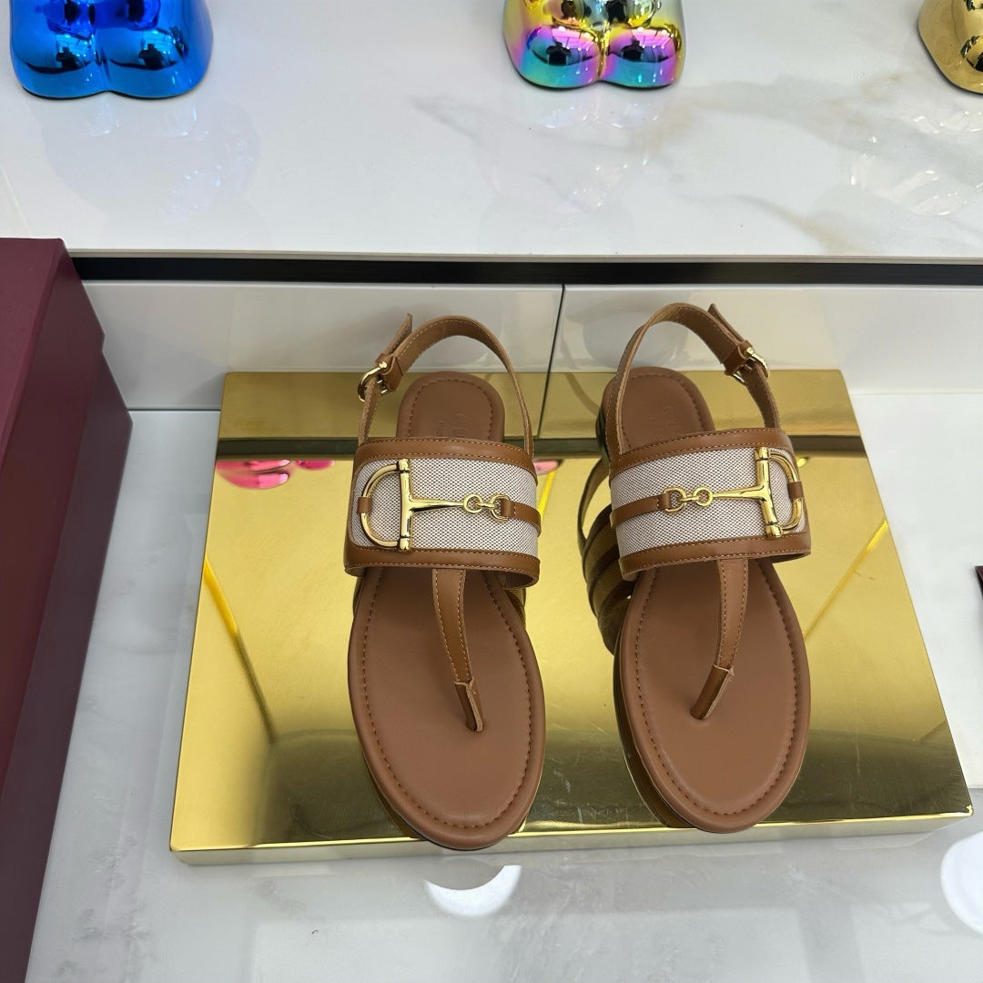 GG FLAT THONG SANDALS WITH ANKLE STRAP IN BROWN LAMBSKIN AND WHITE FABRIC - 35