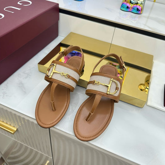 GG FLAT THONG SANDALS WITH ANKLE STRAP IN BROWN LAMBSKIN AND WHITE FABRIC - 35