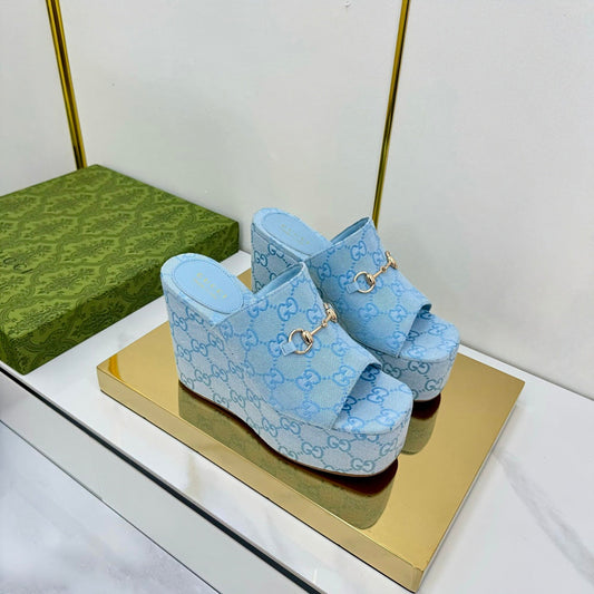 GG WEDGE SLIDES 110 IN SKY BLUE FABRIC WITH GOLD HARDWARE - 35