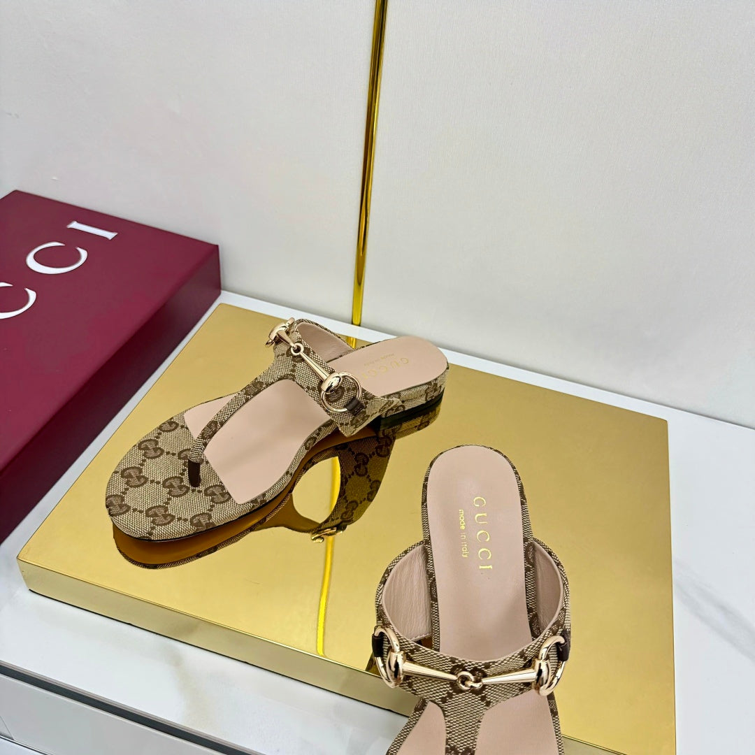 GG THONG SANDALS 25S IN DARK BEIGE LAMBSKIN MIX CANVAS WITH GOLD HARDWARE - 35