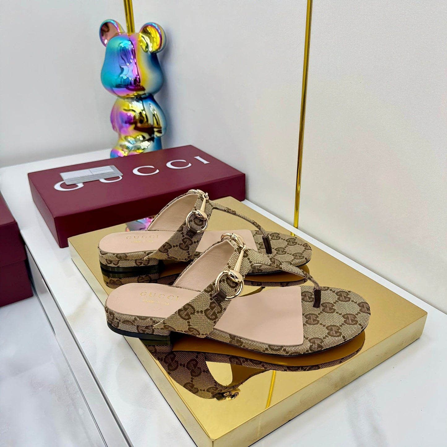 THONG SANDALS IN DARK BEIGE FABRIC PRINTED LOGO WITH GOLD HARDWARE - 35