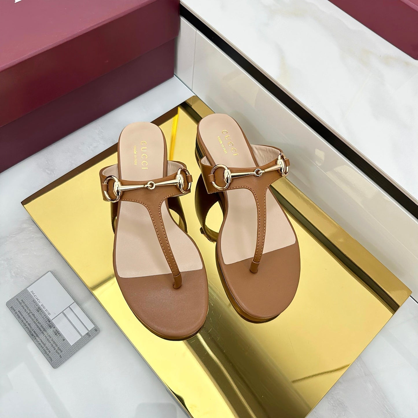 THONG SANDALS IN BROWN LAMBSKIN WITH GOLD HARDWARE - 35