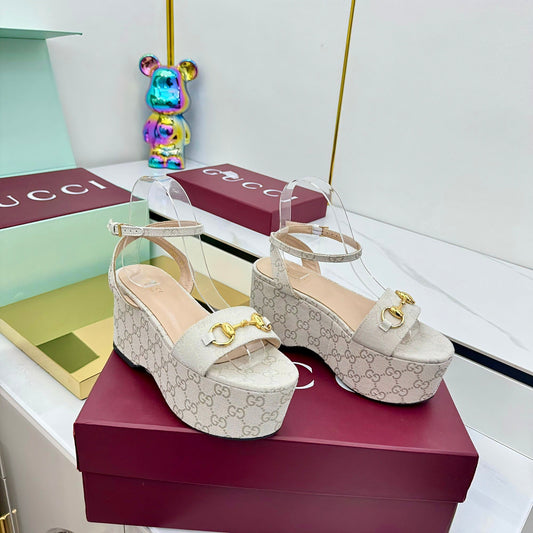 GG WEDGE HEELS IN STONE BEIGE FABRIC AND CALFSKIN WITH GOLD HARDWARE STYLE 5 - 36