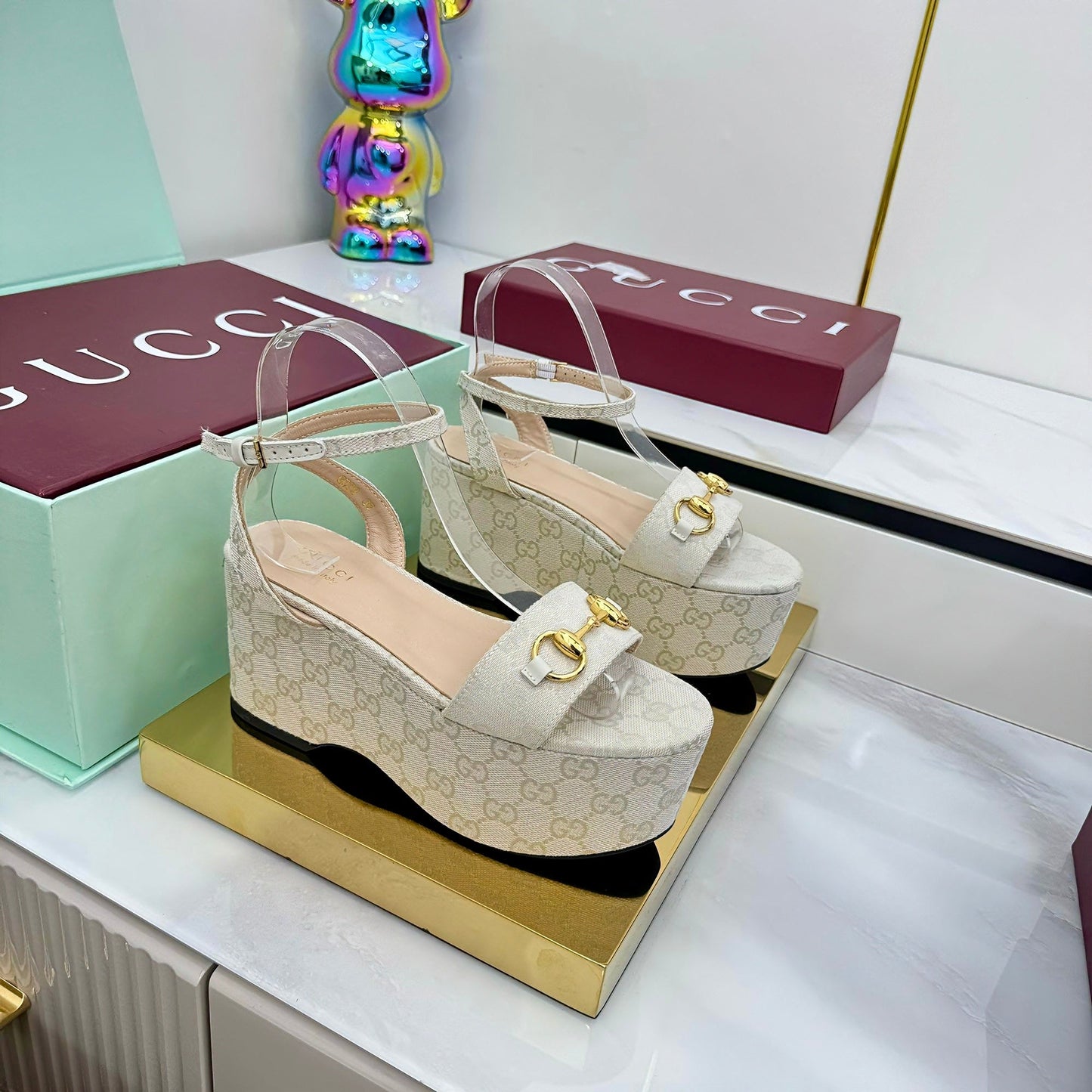 GG WEDGE HEELS IN STONE BEIGE FABRIC AND CALFSKIN WITH GOLD HARDWARE STYLE 5 - 36