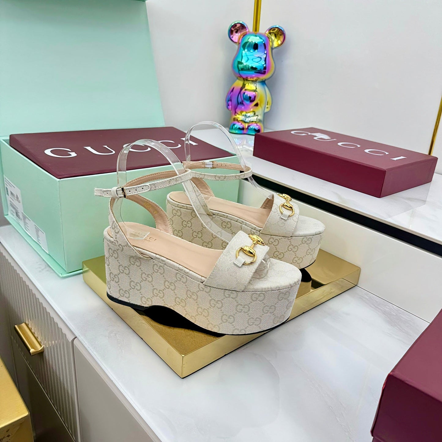 GG WEDGE HEELS IN STONE BEIGE FABRIC AND CALFSKIN WITH GOLD HARDWARE STYLE 5 - 36