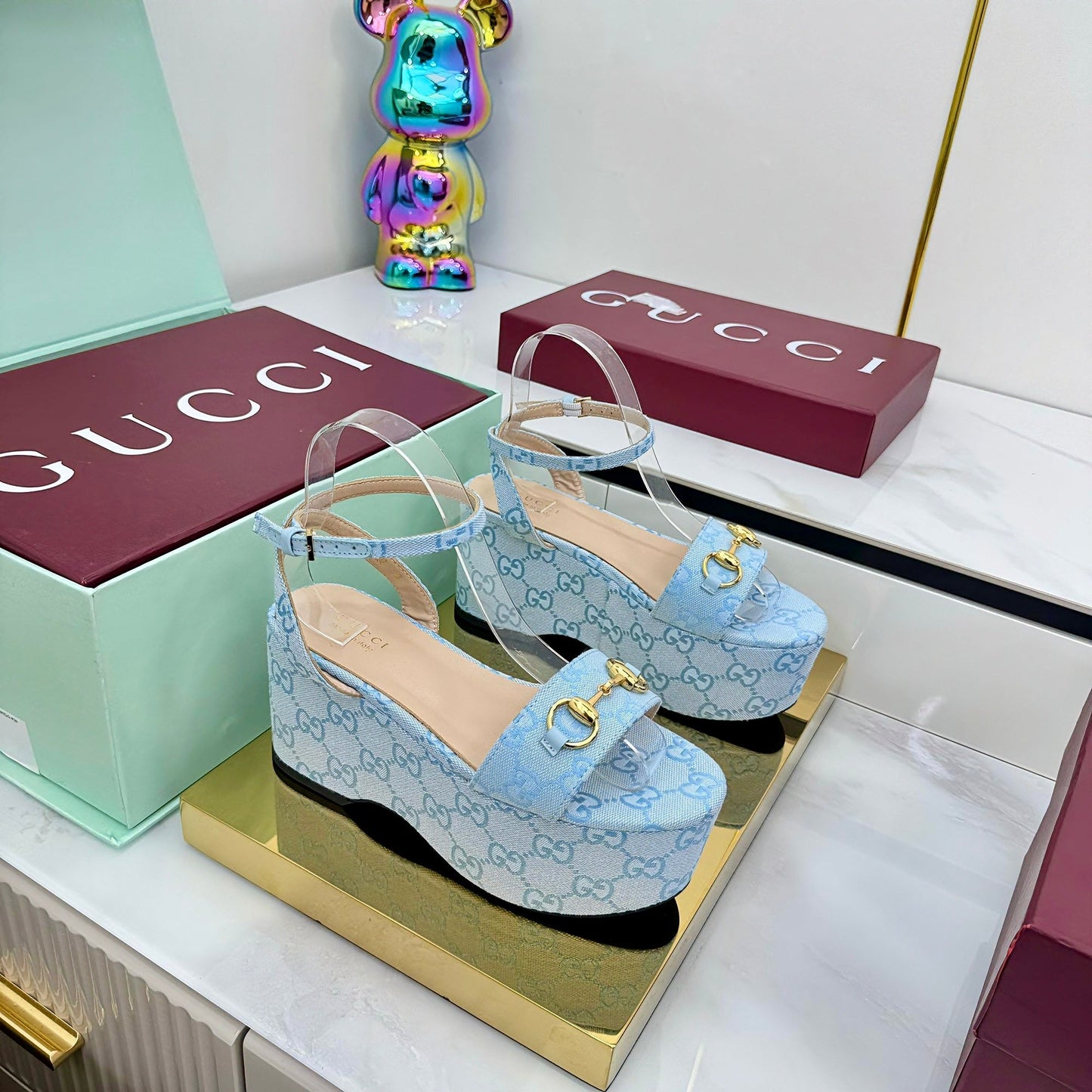 GG WEDGE HEELS IN BLUE FABRIC AND CALFSKIN WITH GOLD HARDWARE STYLE 4 - 36
