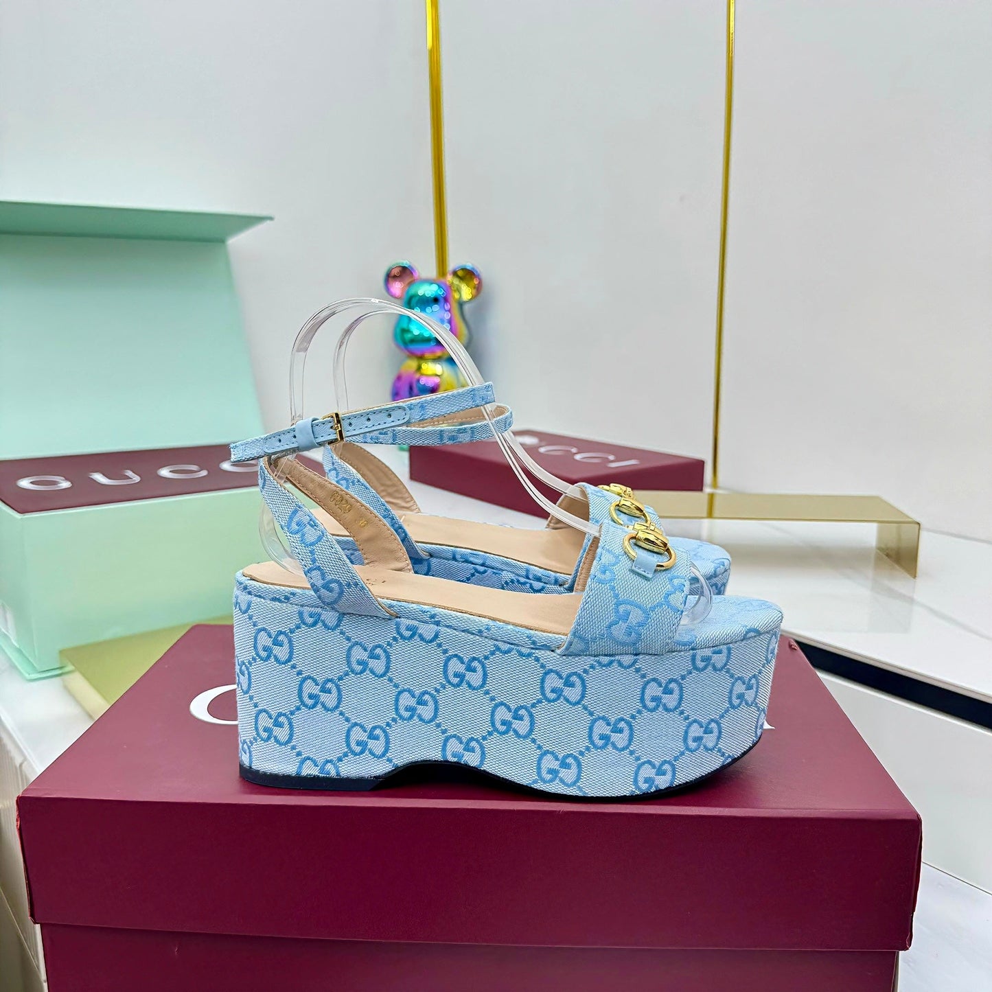 GG WEDGE HEELS IN BLUE FABRIC AND CALFSKIN WITH GOLD HARDWARE STYLE 4 - 36