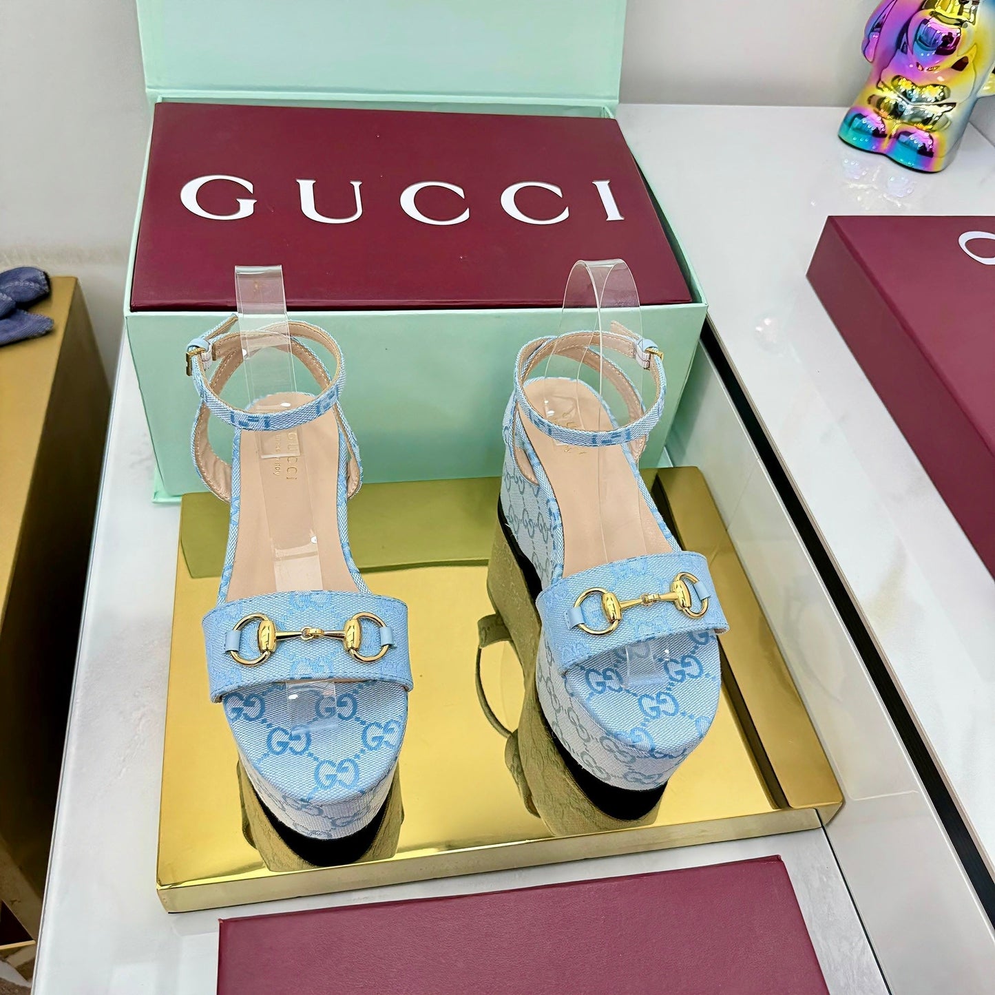 GG WEDGE HEELS IN BLUE FABRIC AND CALFSKIN WITH GOLD HARDWARE STYLE 4 - 36