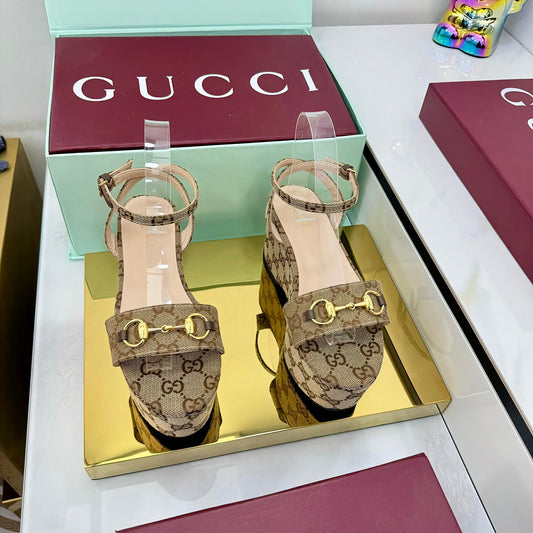 GG WEDGE HEELS IN DARK BEIGE FABRIC AND CALFSKIN WITH GOLD HARDWARE STYLE 3 - 36