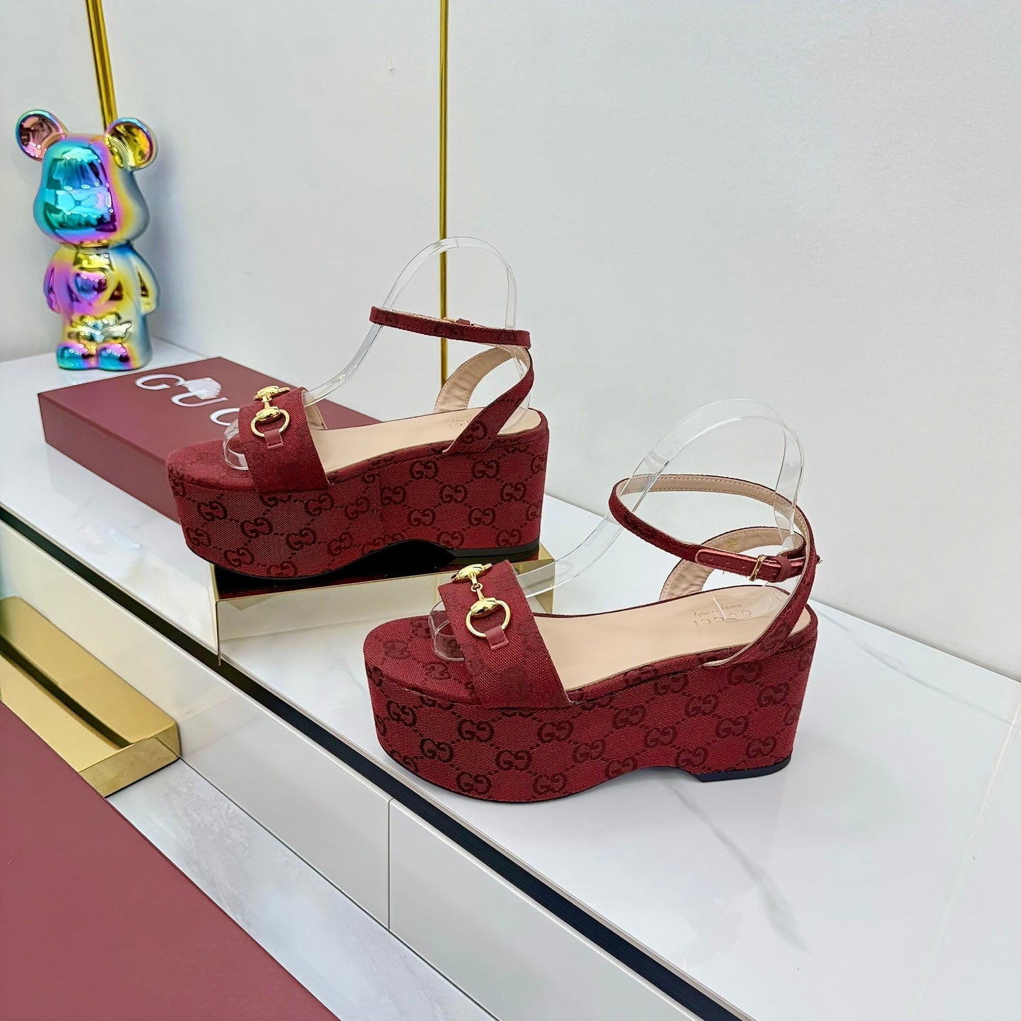 GG WEDGE HEELS IN RED FABRIC AND CALFSKIN WITH GOLD HARDWARE STYLE 2 - 36