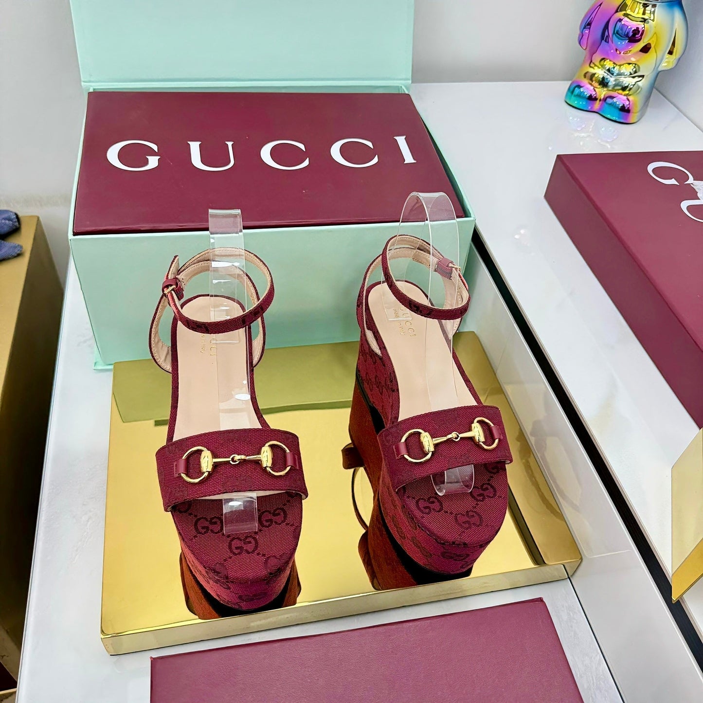 GG WEDGE HEELS IN RED FABRIC AND CALFSKIN WITH GOLD HARDWARE STYLE 2 - 36