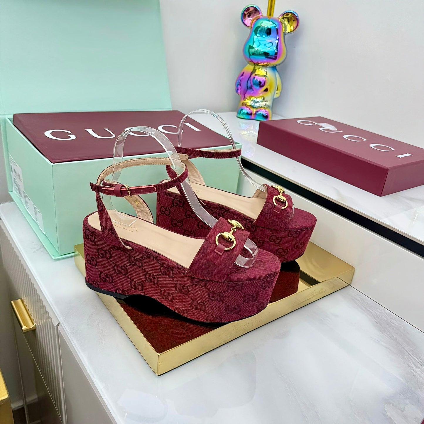 GG WEDGE HEELS IN RED FABRIC AND CALFSKIN WITH GOLD HARDWARE STYLE 2 - 36