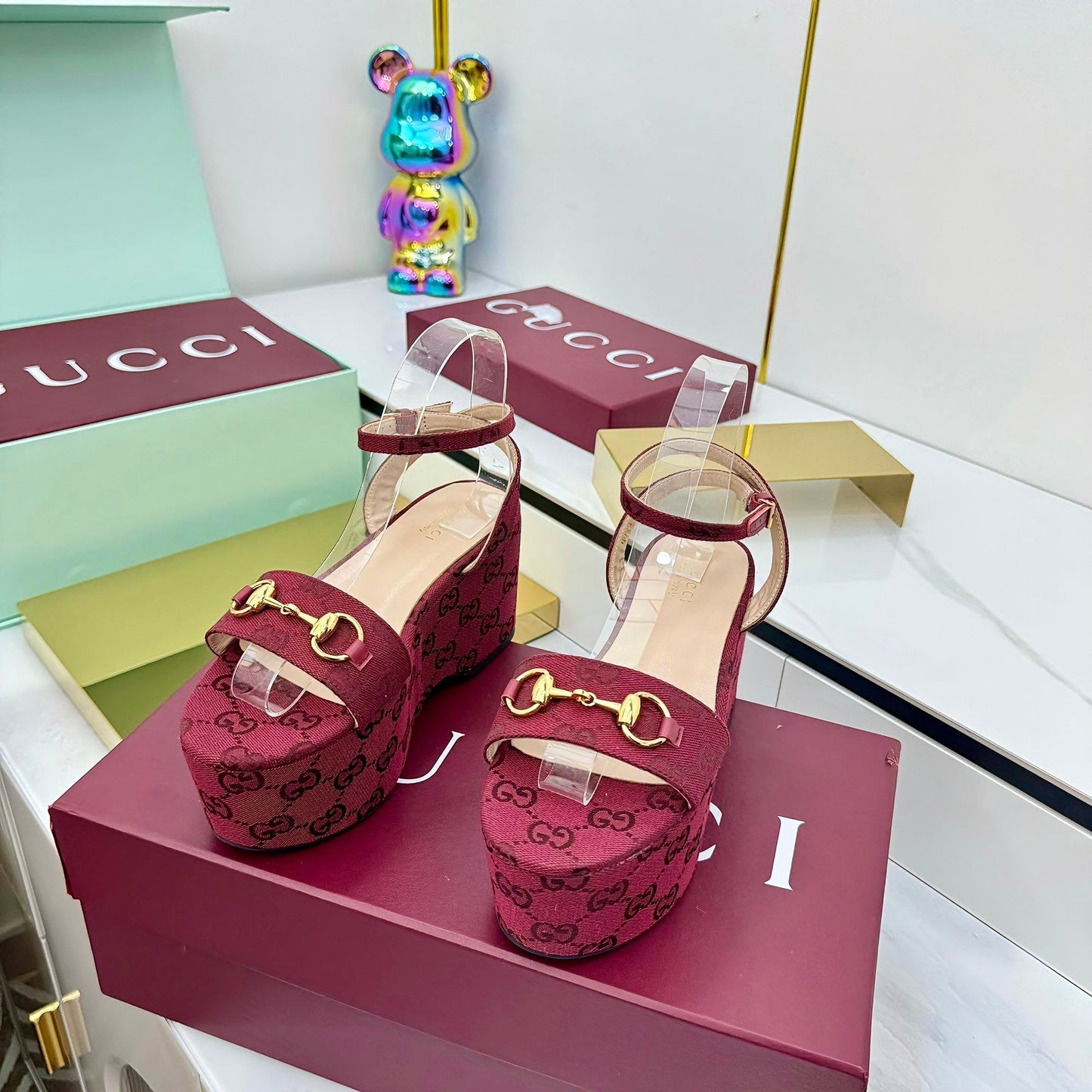 GG WEDGE HEELS IN RED FABRIC AND CALFSKIN WITH GOLD HARDWARE STYLE 2 - 36
