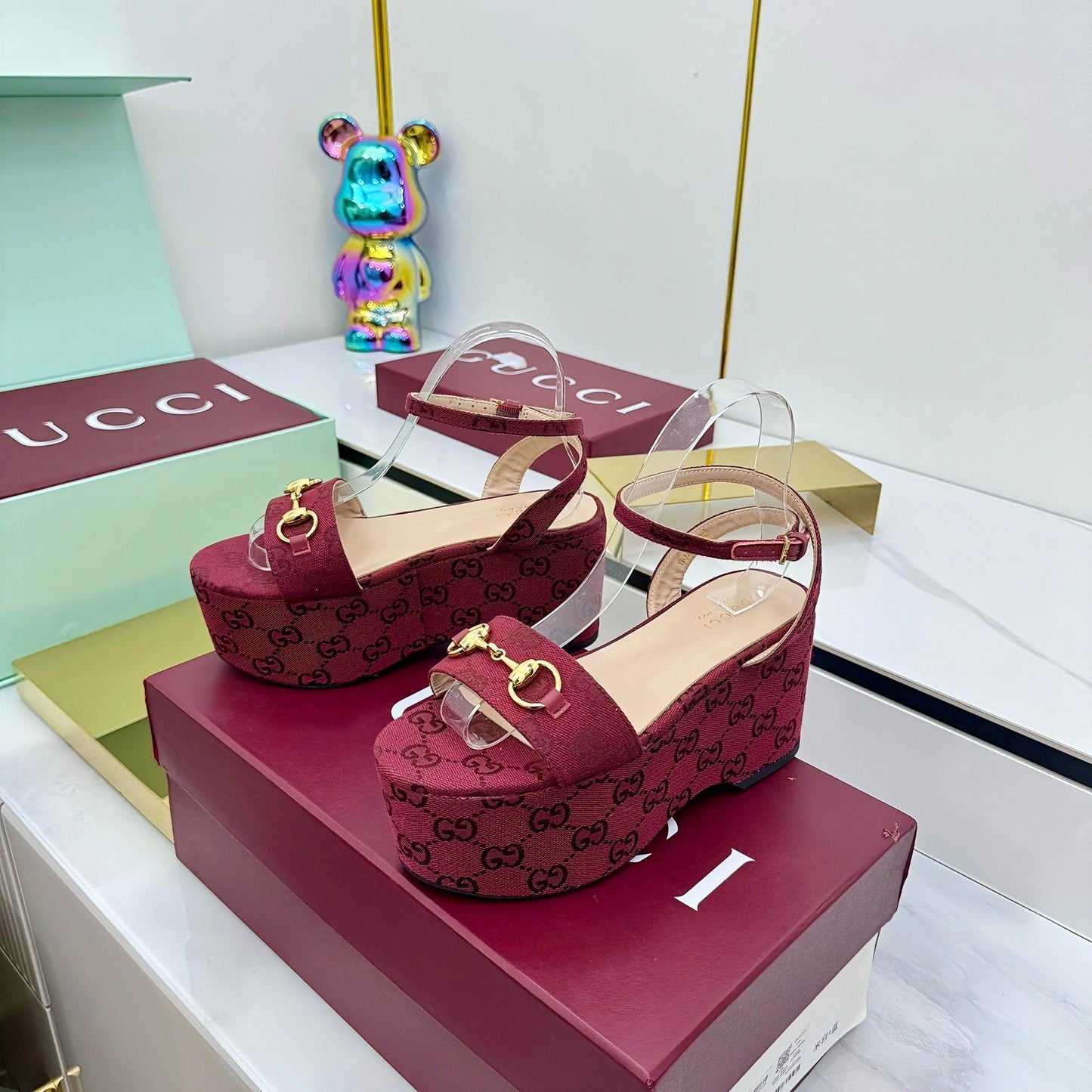 GG WEDGE HEELS IN RED FABRIC AND CALFSKIN WITH GOLD HARDWARE STYLE 2 - 36