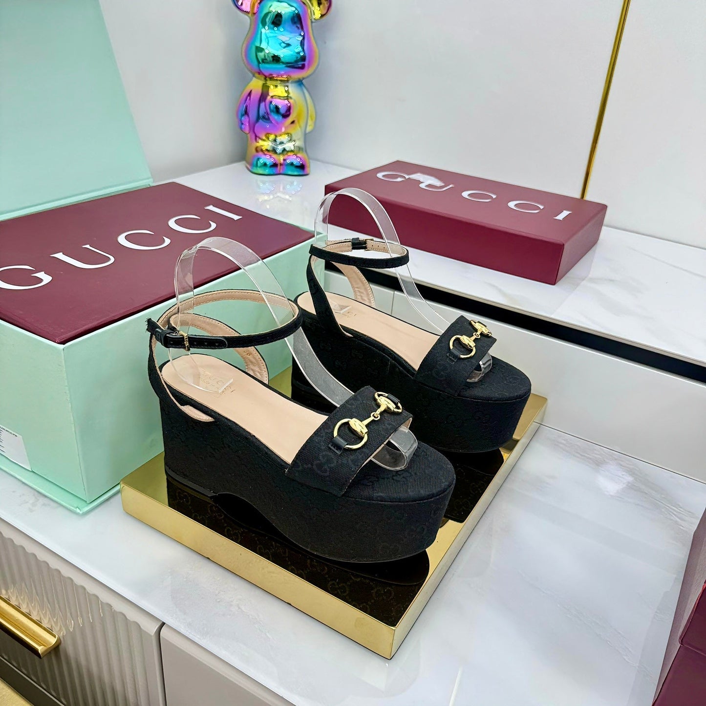 GG WEDGE HEELS IN BLACK FABRIC AND CALFSKIN WITH GOLD HARDWARE STYLE 1 - 36