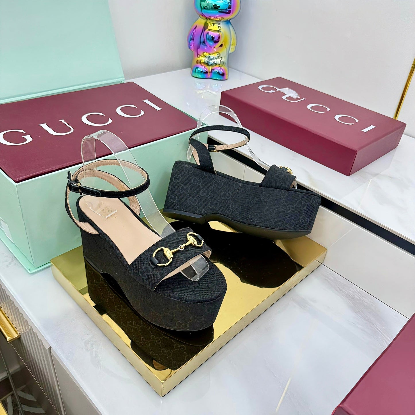 GG WEDGE HEELS IN BLACK FABRIC AND CALFSKIN WITH GOLD HARDWARE STYLE 1 - 36