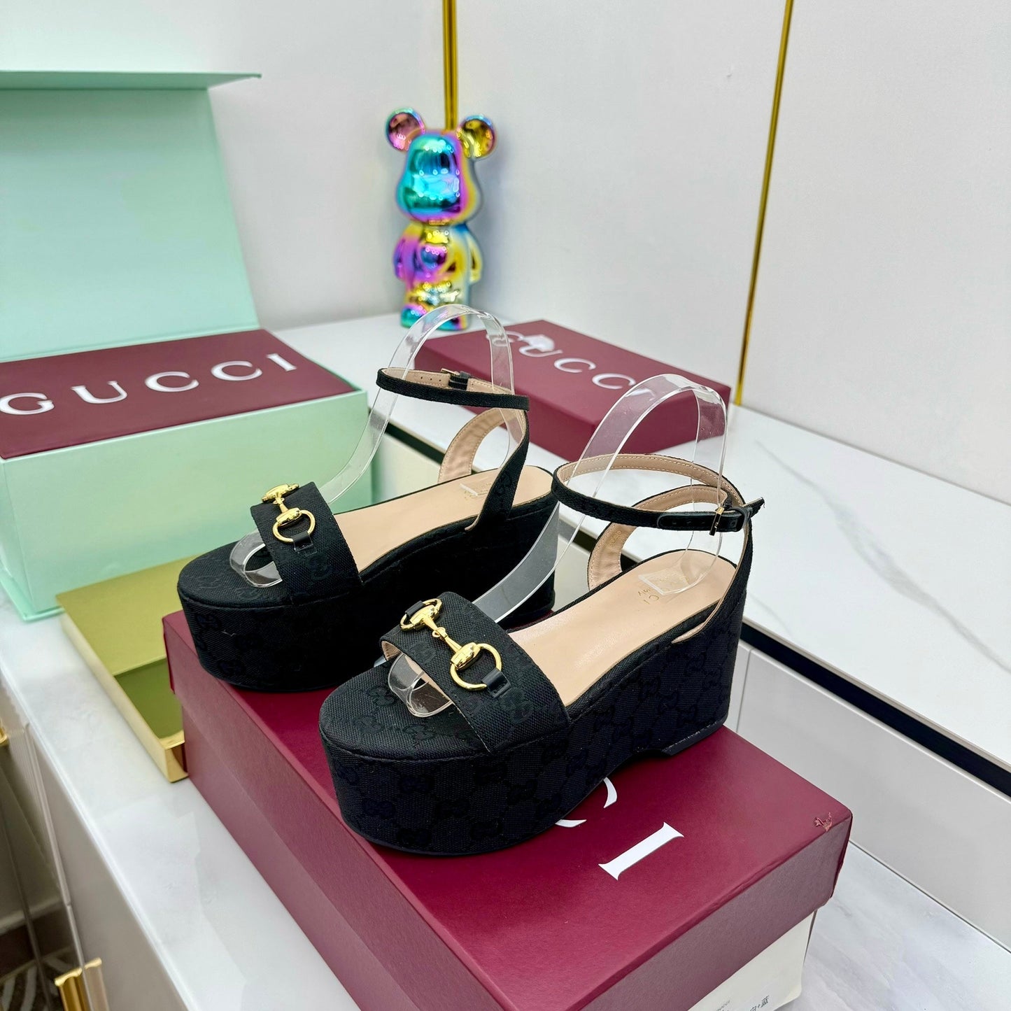 GG WEDGE HEELS IN BLACK FABRIC AND CALFSKIN WITH GOLD HARDWARE STYLE 1 - 36