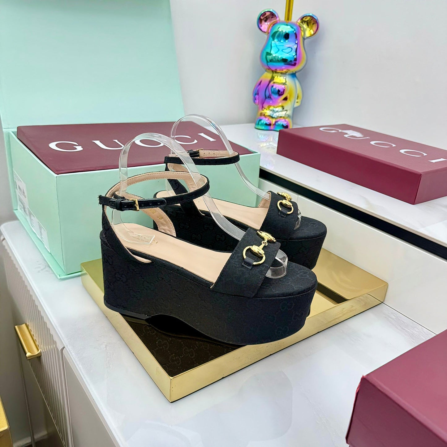 GG WEDGE HEELS IN BLACK FABRIC AND CALFSKIN WITH GOLD HARDWARE STYLE 1 - 36